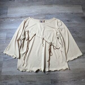 Don't Mess With Texas Blouse Womens Large Beige Lace Up Lettuce Edge Vintage